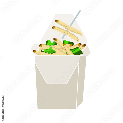 Bamboo Caterpillar insects for eating as food deep-fried crispy snack in paper box for take-away home. It is good source of protein edible for eating future food and entomophagy concept.