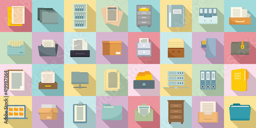 Storage of documents icons set, flat style