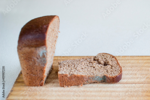 A sliced piece of stale bread with mold