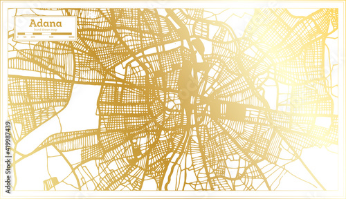 Adana Turkey City Map in Retro Style in Golden Color. Outline Map.