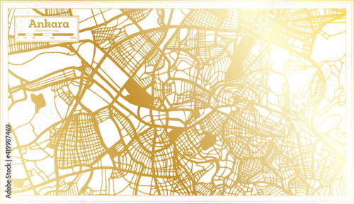 Ankara Turkey City Map in Retro Style in Golden Color. Outline Map.