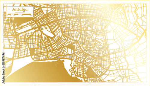 Antalya Turkey City Map in Retro Style in Golden Color. Outline Map.