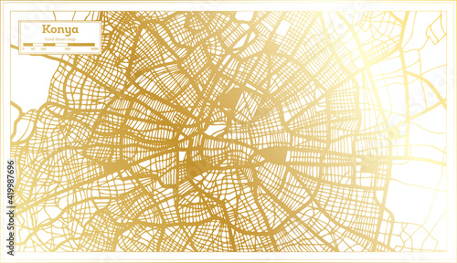 Konya Turkey City Map in Retro Style in Golden Color. Outline Map.