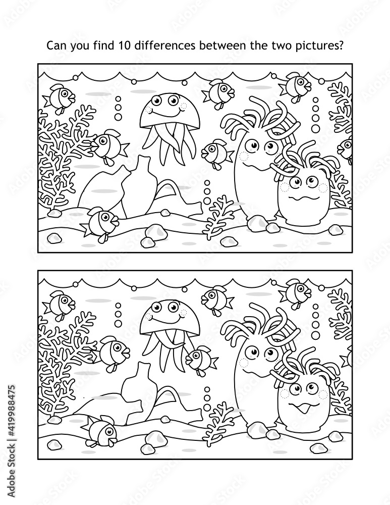 Underwater difference game with sea life, amphorae and two anemones ...