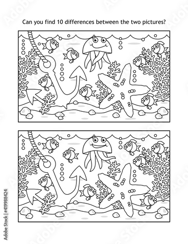 Underwater difference game with sea life and anchor