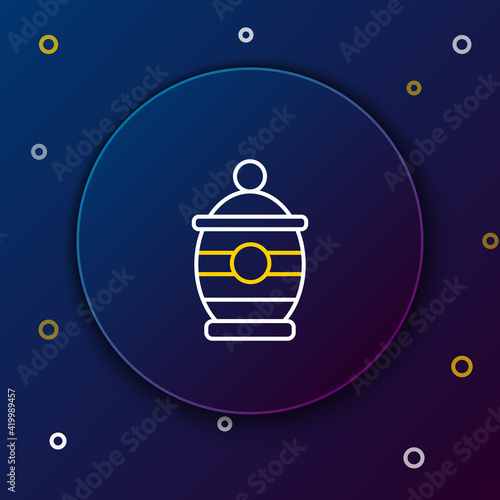 Line Funeral urn icon isolated on blue background. Cremation and burial containers, columbarium vases, jars and pots with ashes. Colorful outline concept. Vector