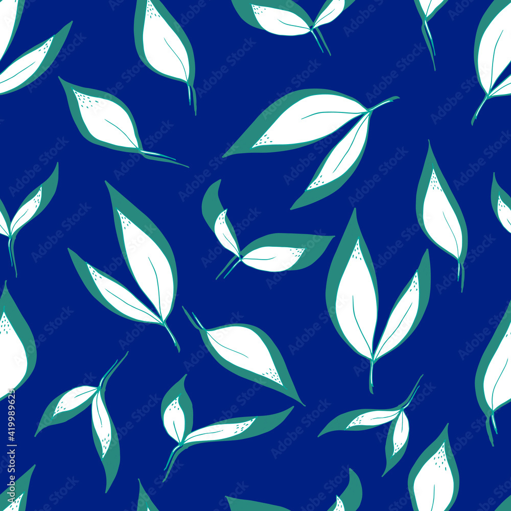  seamless pattern of leaves with green shadow on background. For fabrics, textiles, clothing, wallpaper, paper, backgrounds, flyers and invitations