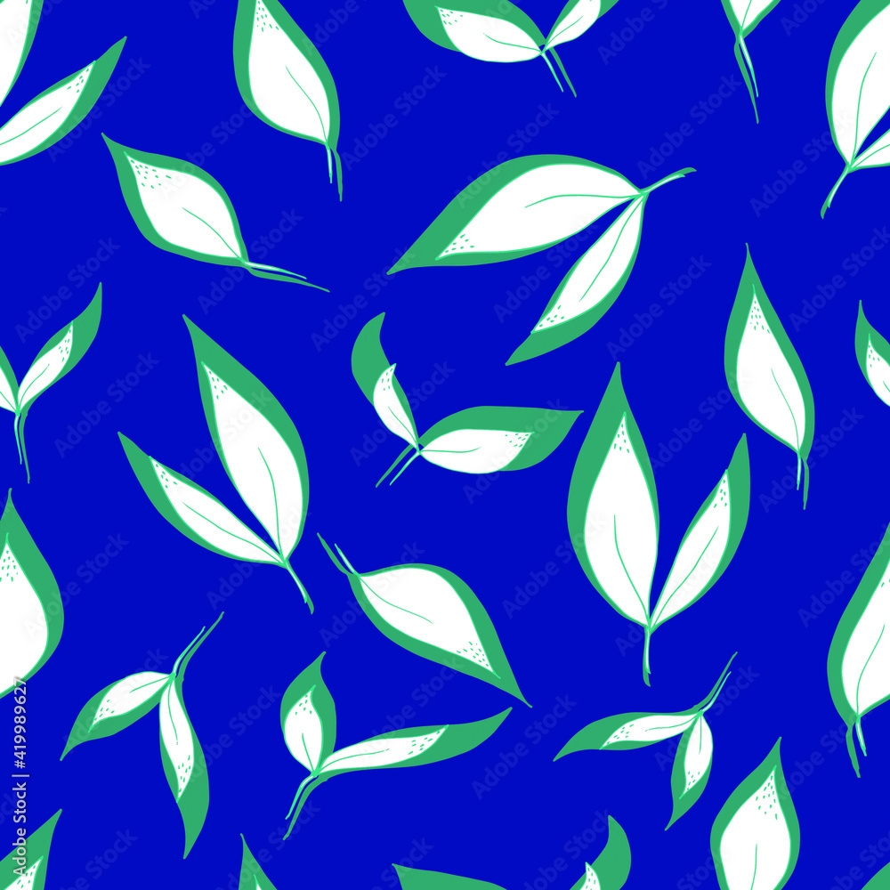 vector seamless pattern of leaves with green shadow on background. For fabrics, textiles, clothing, wallpaper, paper, backgrounds, flyers and invitations