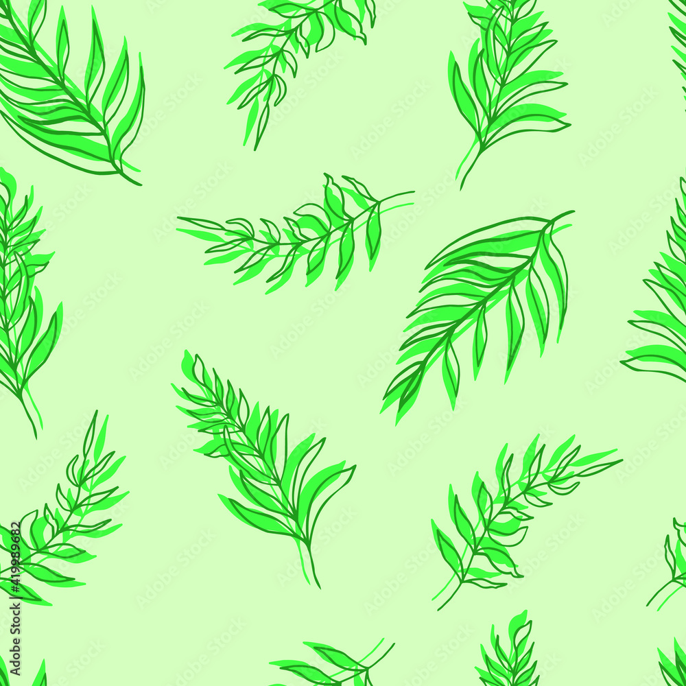 seamless pattern vector palm leaves green leaves and contours on background. For textiles, packaging, fabrics, wallpapers, backgrounds, invitations. Summer tropics hand illustration