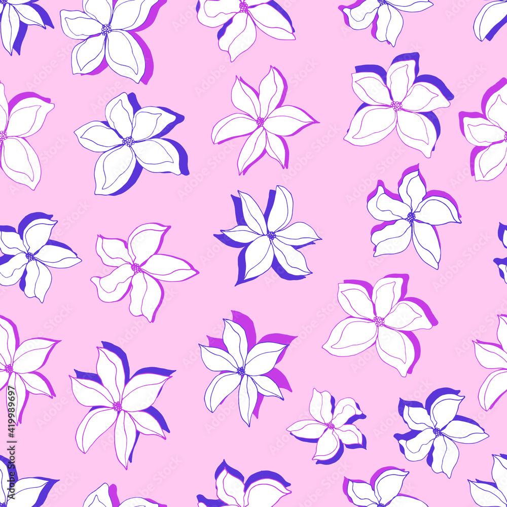 vector seamless pattern multicolored flowers with shadow. Botanical illustration for wallpapers, textiles, fabrics, wrapping paper, postcards, backgrounds.