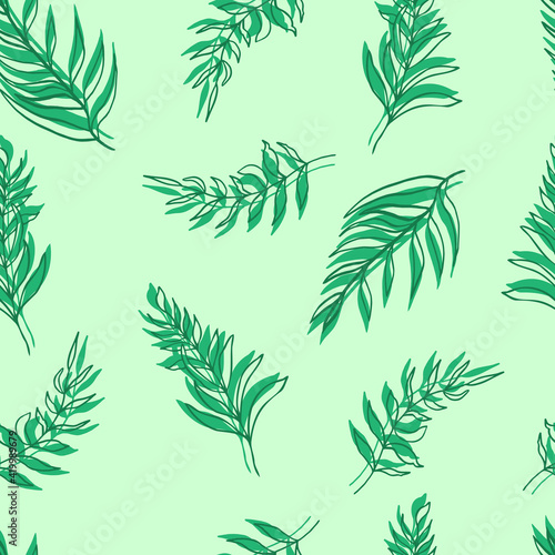 seamless pattern  palm leaves green leaves and contours on background. For textiles  packaging  fabrics  wallpapers  backgrounds  invitations. Summer tropics hand illustration