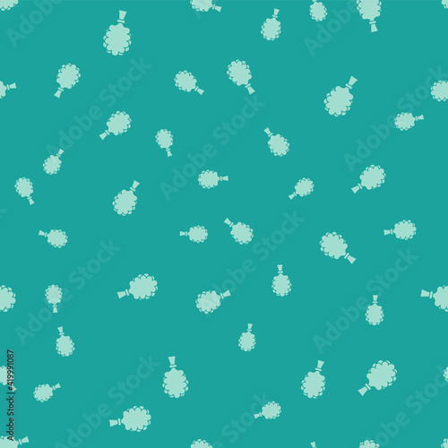 Green Sauna broom icon isolated seamless pattern on green background. Broom from birch twigs, branches for Russian steam bath, sauna, washhouse. Vector