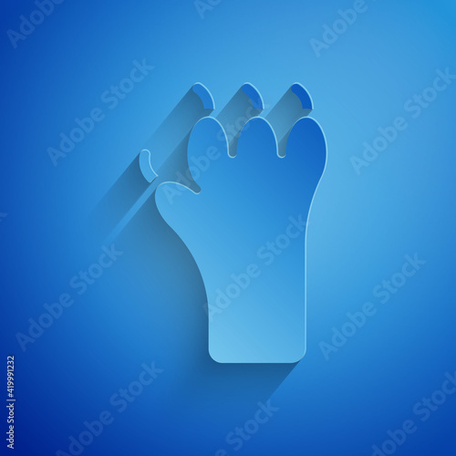 Paper cut Paw print icon isolated on blue background. Dog or cat paw print. Animal track. Paper art style. Vector