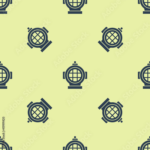 Blue Aqualung icon isolated seamless pattern on yellow background. Diving helmet. Diving underwater equipment. Vector