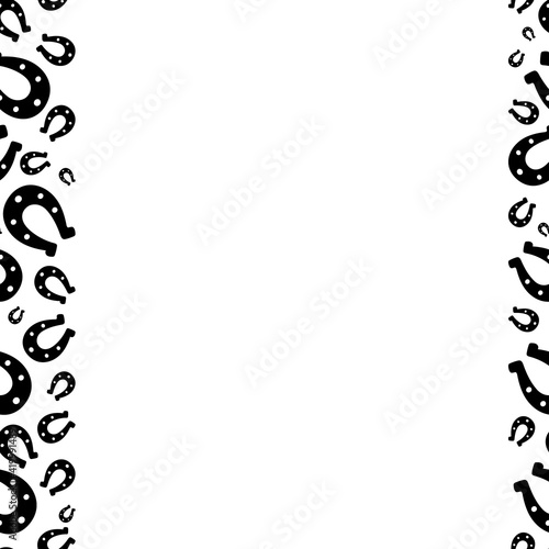 Lucky horseshoe. Silhouette. Seamless vertical border. Repeating vector pattern. Isolated colorless background. Good luck symbol. Endless ornament. St. Patricks Day. Template for web design, printing.