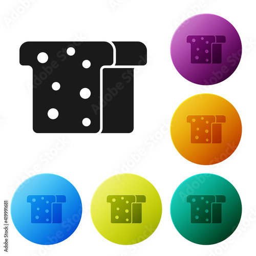 Black Bread toast for sandwich piece of roasted crouton icon isolated on white background. Lunch, dinner, breakfast snack. Set icons in color circle buttons. Vector