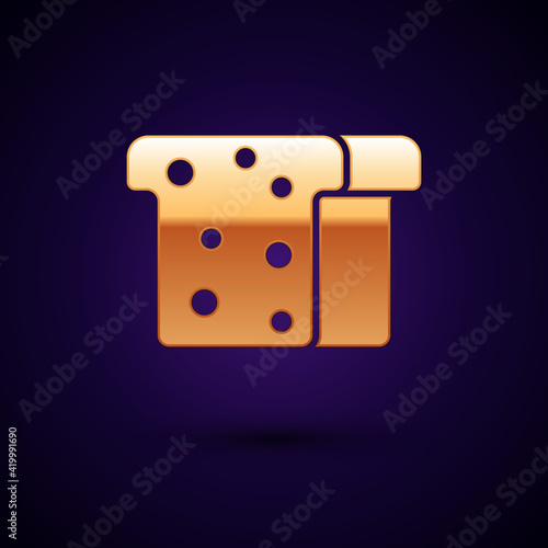 Gold Bread toast for sandwich piece of roasted crouton icon isolated on black background. Lunch, dinner, breakfast snack. Vector