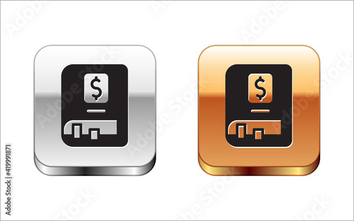 Black Financial book icon isolated on white background. Silver-gold square button. Vector