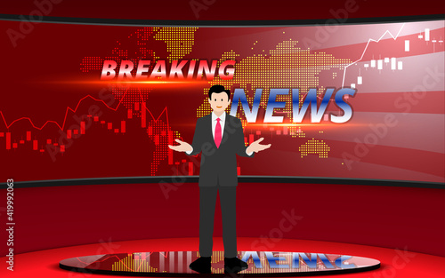 broadcaster on the blue stand with lcd background in the news studio room