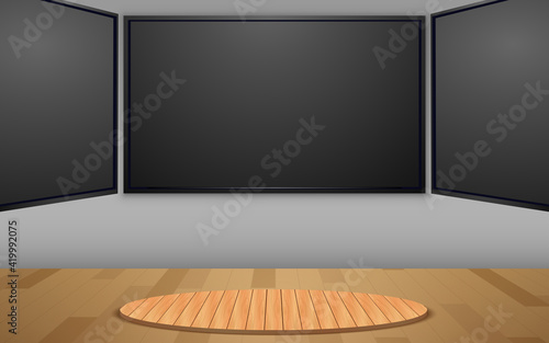 wooden stand and led screen background in the news studio room