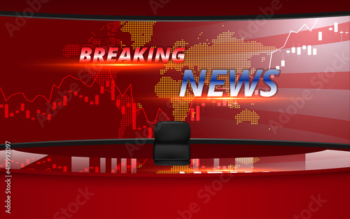 red table with breaking news on led screen background in the news studio room