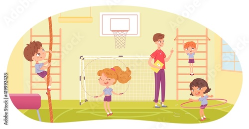 Kids doing various sports in physical education class at school. Children with teacher doing exercise in PE vector illustration. Girl skipping, with hula hoop, boy climbing and hanging on bar