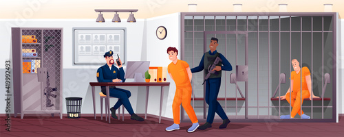 Policemen and prisoners in police station scene. Security department vector illustration. Man sitting in cell jail, guard with gun leading suspect, guy at desk computer with phone