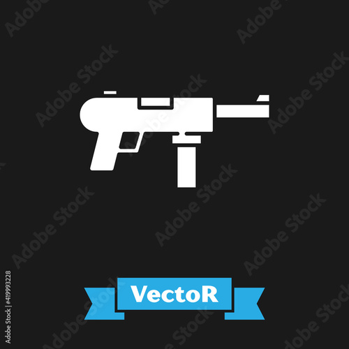 White Submachine gun M3, Grease gun icon isolated on black background. Vector