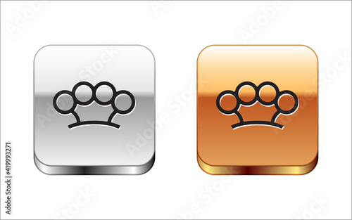 Black Brass knuckles icon isolated on white background. Silver-gold square button. Vector