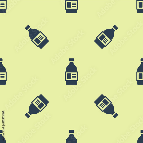 Blue Plastic bottle for laundry detergent, bleach, dishwashing liquid or another cleaning agent icon isolated seamless pattern on yellow background. Vector