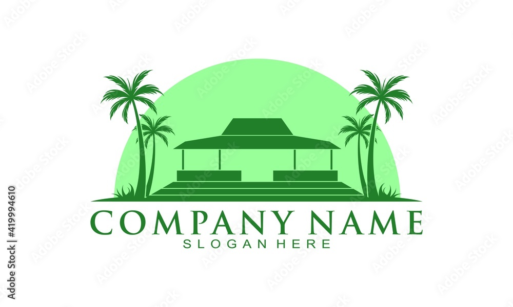 Fototapeta premium Wooden house and coconut tree vector logo