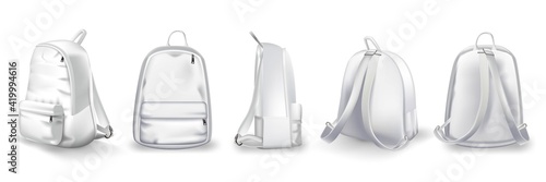 White backpack design front, side and back view set. College or school rucksack mockup vector illustration. Realistic youth pack of fabric for study or sport with shadows