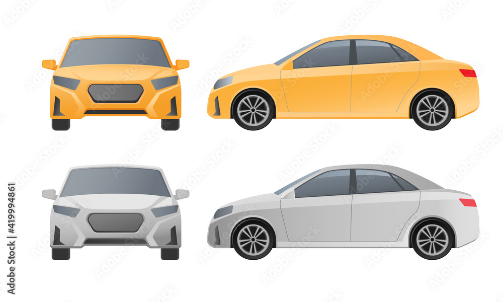 White yellow car, front and side view, isolated on white background. Vector illustration 