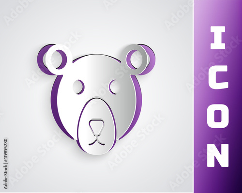 Paper cut Bear head icon isolated on grey background. Paper art style. Vector