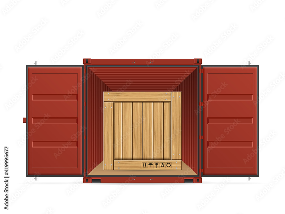 Open shipping cargo container with wooden boxes Open shipping cargo container with wooden boxes