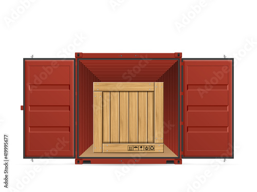 Open shipping cargo container with wooden boxes