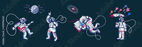 Funny astronaut in space set. Man dancing to funky disco music, playing guitar, standing with umbrella in space, reading book. Space exploration fun entertainment vector illustration
