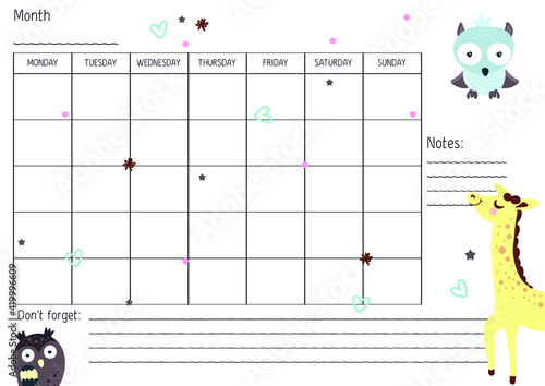 weekly plan with children's illustration giraffe and owl