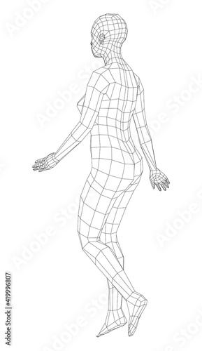 Wireframe walking woman. Vector