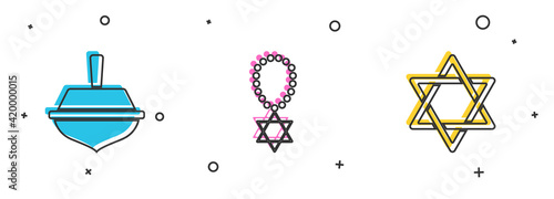 Set Hanukkah dreidel, Star of David necklace on chain and icon. Vector