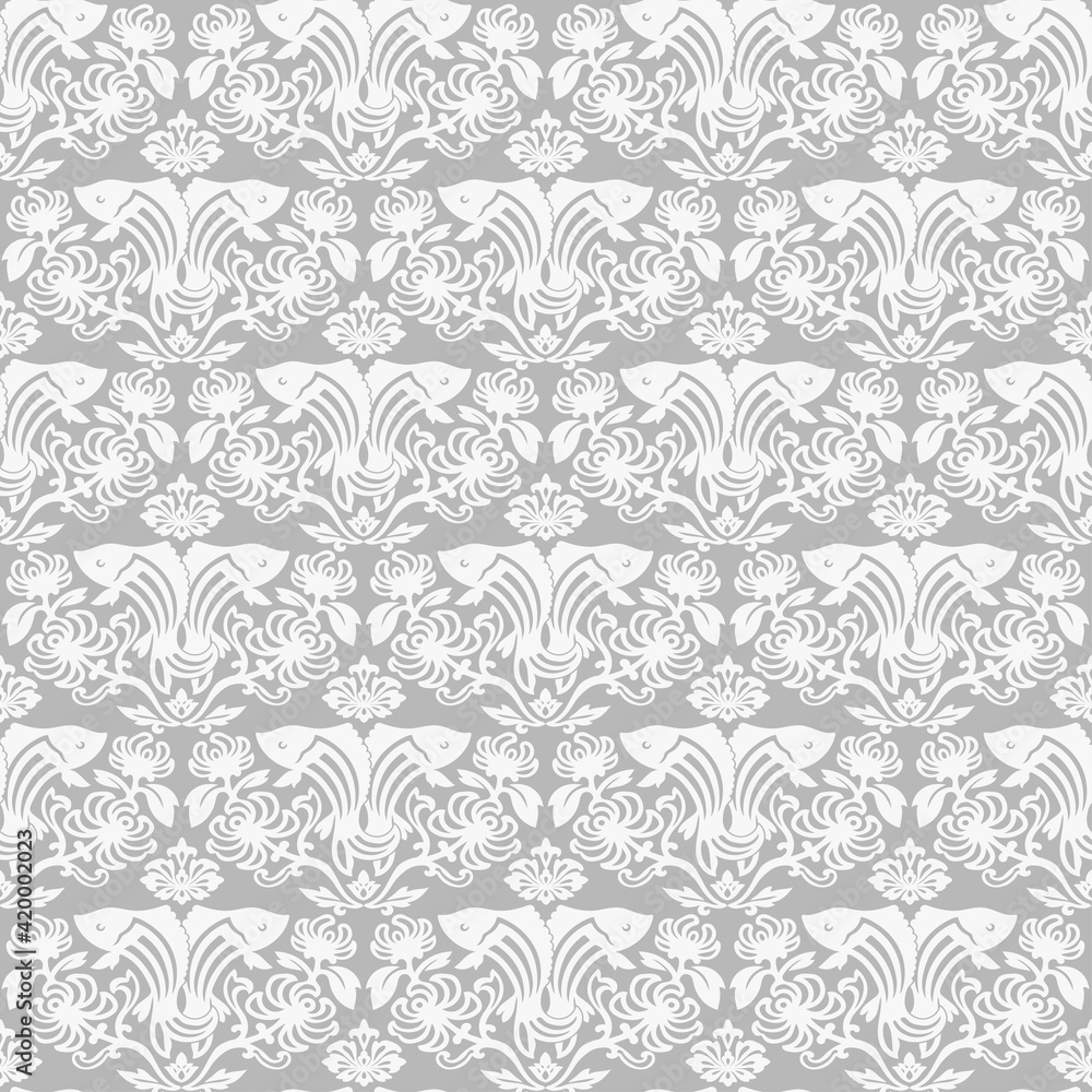 Fototapeta premium Damask twin fishes seamless pattern vintage gray background