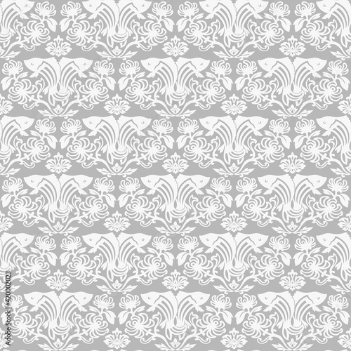 Damask twin fishes seamless pattern vintage gray background