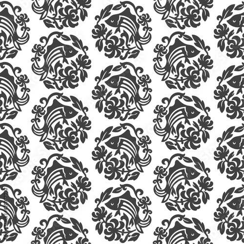 Fish medallion damask seamles pattern black and white background vintage wallpaper