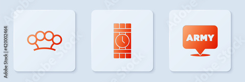 Set Dynamite and timer clock, Brass knuckles and Military army. White square button. Vector