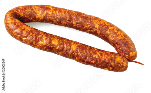 Cold smoked pork sausage on a white background