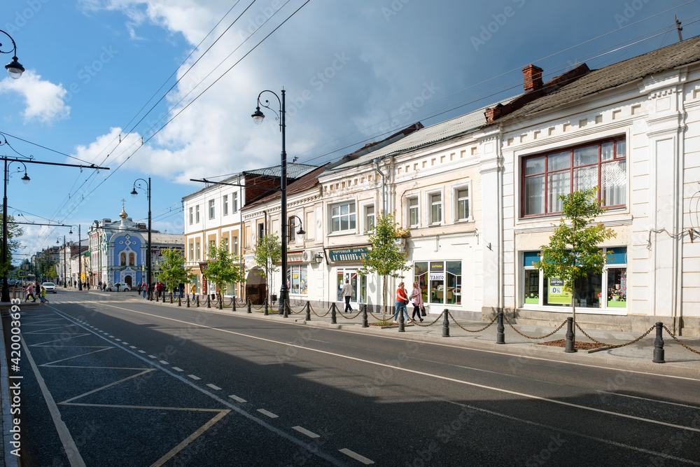 View of the street in centre of Rybinsk town, Krestovaya street