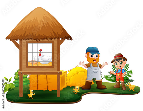Illustration of the farmers and chicken coop on white background