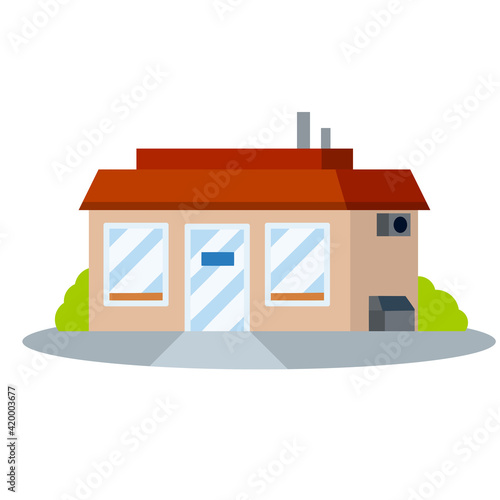 Small shop. Store with red roof. Food trade and supermarket. Facade of the house with showcase. Cartoon flat illustration. Town and city. Element of urban landscape