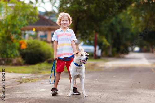 Child walking dog. Kids and puppy. Boy and pet.