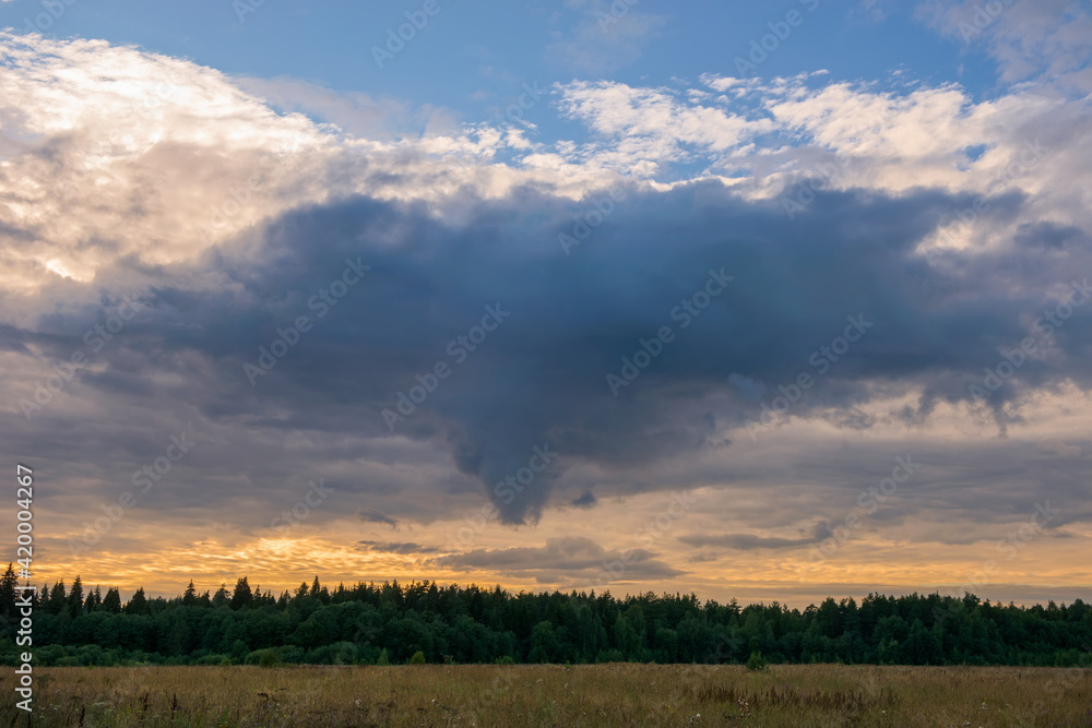 Before the rain. Thundercloud over an agricultural field on a summer evening